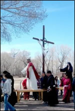 After the Veronicas and the Hermanos from the morada in San Antonio, Colorado meet at El Calvario (The large cross) where Jesus meets Mary, part of the congregation goes on to the morada and the others walk to Our Lady of Guadalupe Church in Conejos, Colorado which is several miles away. Photo by Ruben Archuleta.
